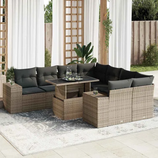 Conjunto Sofás p/ Jardim com Almofadões Vime PE Cinzento (9 pcs)