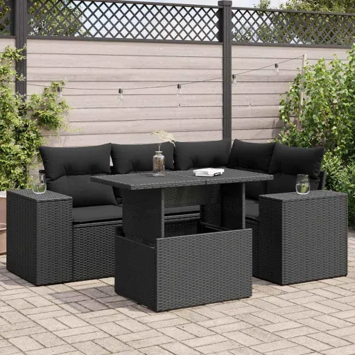 Conjunto Sofás de Jardim com Almofadões Vime PE Preto (5 pcs)