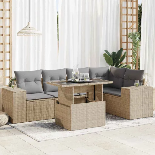 Conjunto de Sofás p/ Jardim com Almofadões Vime PE Bege (6 pcs)