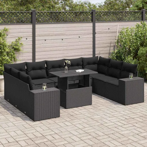 Conjunto Sofás de Jardim c/ Almofadões Vime PE Preto (10 pcs)