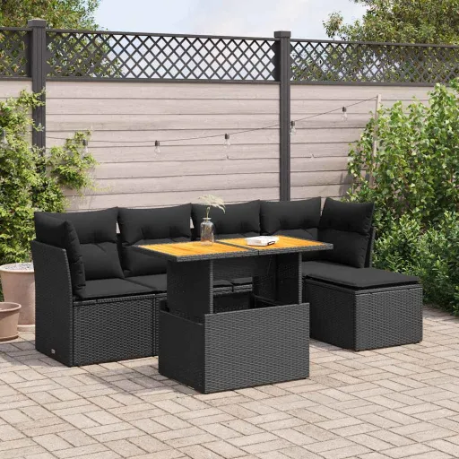 Conjunto Sofás de Jardim c/ Almofadões Vime PE Preto (6 pcs)