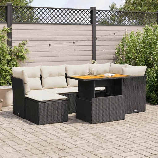 Conjunto de Sofás p/ Jardim c/ Almofadões Vime PE Preto (7 pcs)