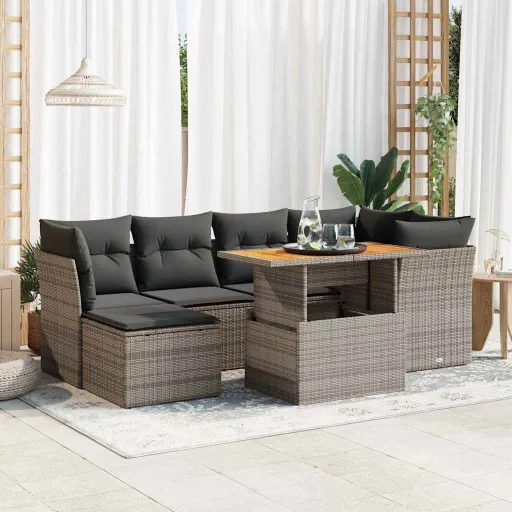 Conjunto Sofás p/ Jardim c/ Almofadões Vime PE Cinzento (7 pcs)