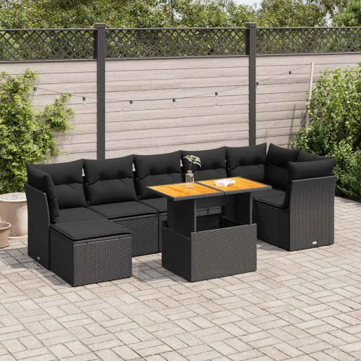 Conjunto Sofás de Jardim com Almofadões Vime PE Preto (8 pcs)