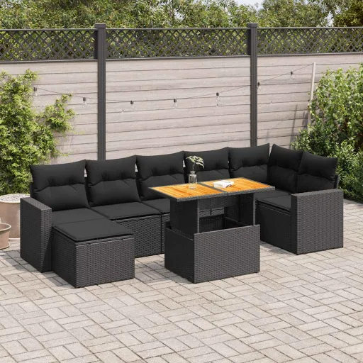 Conjunto Sofás de Jardim com Almofadões Vime PE Preto (8 pcs)