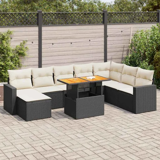 Conjunto de Sofás p/ Jardim c/ Almofadões Vime PE Preto (9 pcs)