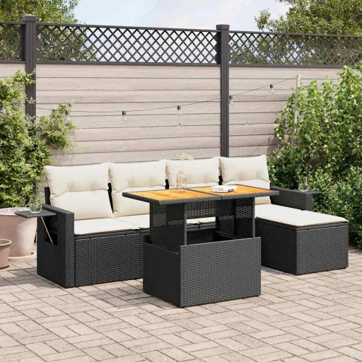 Conjunto Sofás de Jardim c/ Almofadões Vime PE Preto (6 pcs)