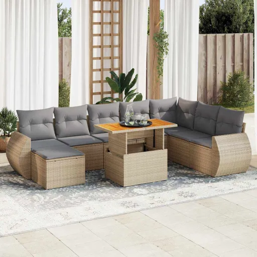 Conjunto de Sofás p/ Jardim com Almofadões Vime PE Bege (9 pcs)