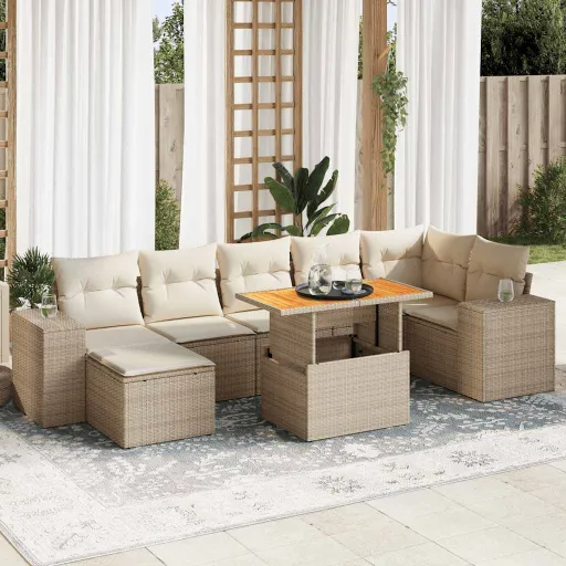 Conjunto de Sofás p/ Jardim com Almofadões Vime PE Bege (8 pcs)