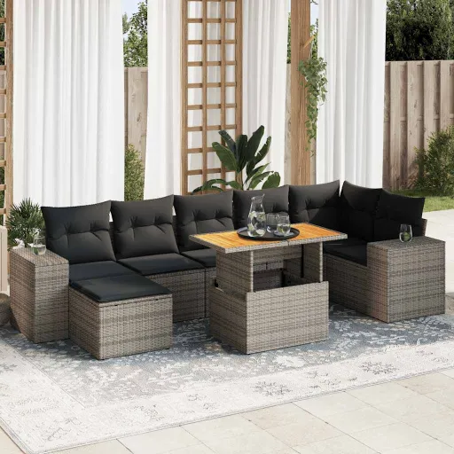 Conjunto Sofás de Jardim c/ Almofadões Vime PE Cinzento (8 pcs)