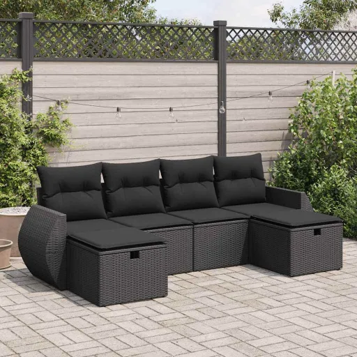 Conjunto Sofás de Jardim c/ Almofadões Vime PE Preto (6 pcs)