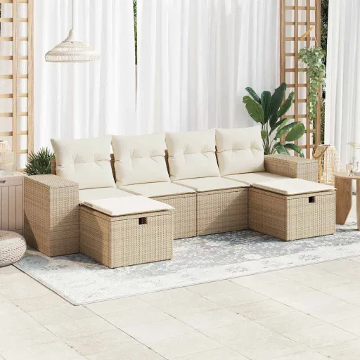 Conjunto de Sofás p/ Jardim com Almofadões Vime PE Bege (6 pcs)