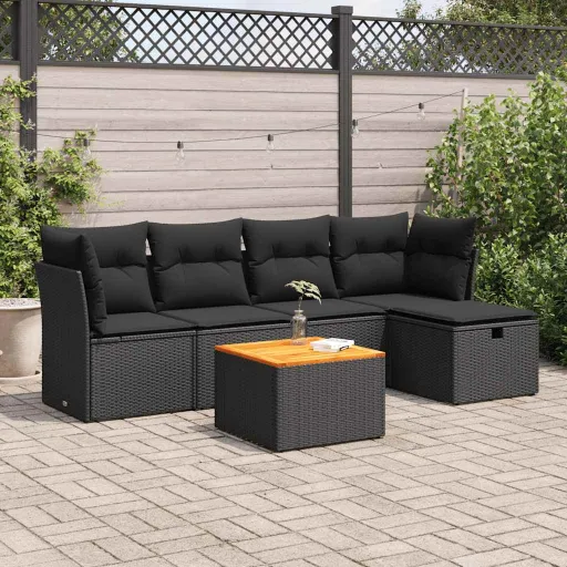 Conjunto Sofás de Jardim c/ Almofadões Vime PE Preto (6 pcs)