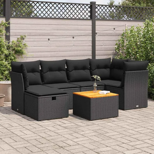 Conjunto de Sofás p/ Jardim c/ Almofadões Vime PE Preto (7 pcs)