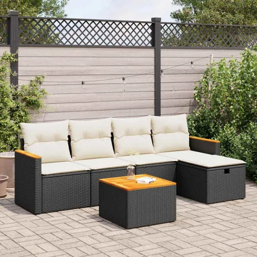 Conjunto Sofás de Jardim c/ Almofadões Vime PE Preto (6 pcs)