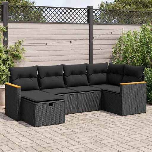 Conjunto Sofás de Jardim c/ Almofadões Vime PE Preto (6 pcs)