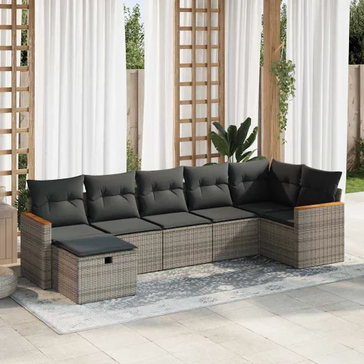 Conjunto Sofás p/ Jardim c/ Almofadões Vime PE Cinzento (7 pcs)