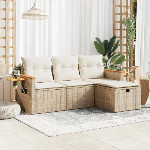 Conjunto de Sofás para Jardim c/ Almofadões Vime PE Bege (4 pcs)