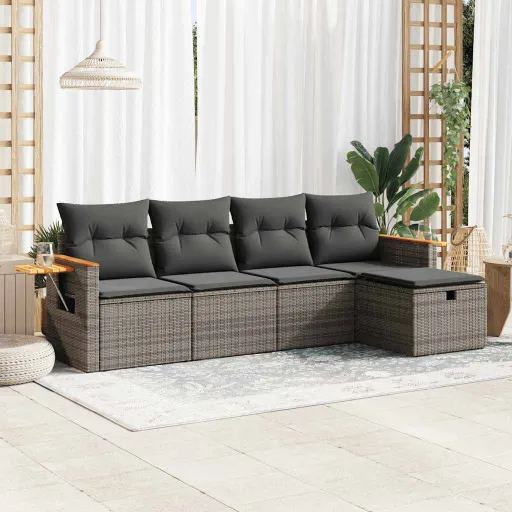 Conjunto Sofás de Jardim c/ Almofadões Vime PE Cinzento (5 pcs)