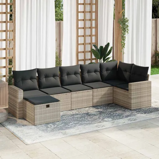 Conj. Sofás Jardim com Almofadões Vime PE Cinzento-Claro (7 pcs)
