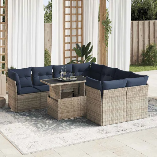 Conjunto Sofás Jardim Almofadões Vime PE/Acácia Cinzento (9 pcs)