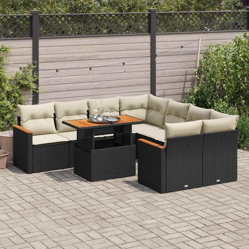 Conjunto Sofás p/ Jardim Almofadões Vime PE/Acácia Preto (9 pcs)