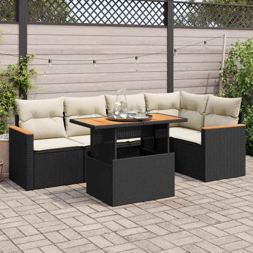 Conjunto Sofás Jardim c/ Almofadões Vime PE/Acácia Preto (6 pcs)