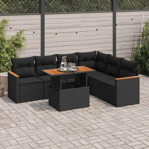 Conjunto Sofás Jardim c/ Almofadões Vime PE/Acácia Preto (7 pcs)