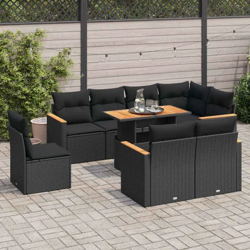 Conjunto Sofás p/ Jardim Almofadões Vime PE/Acácia Preto (9 pcs)