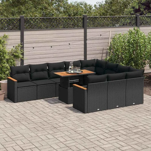Conjunto Sofás Jardim c/ Almofadões Vime PE/Acácia Preto (11 pcs)