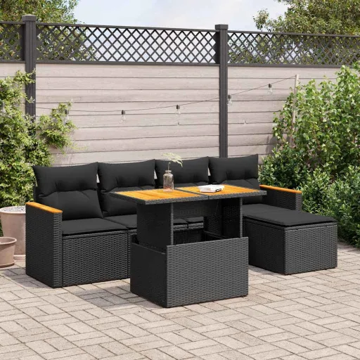 Conjunto Sofás Jardim c/ Almofadões Vime PE/Acácia Preto (6 pcs)