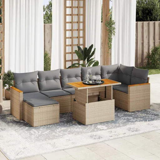 Conjunto Sofás Jardim com Almofadões Vime PE/Acácia Bege (8 pcs)