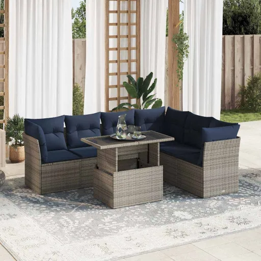 Conjunto Sofás Jardim c/ Almofadões Vime PE/Acácia Preto (7 pcs)