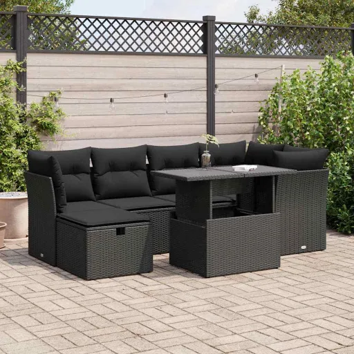 Conjunto de Sofás p/ Jardim c/ Almofadões Vime PE Preto (7 pcs)