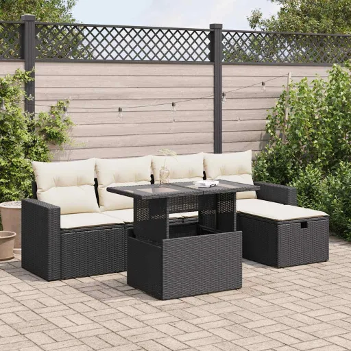 Conjunto Sofás de Jardim c/ Almofadões Vime PE Preto (6 pcs)
