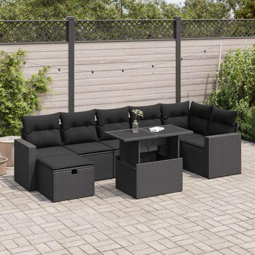 Conjunto Sofás de Jardim com Almofadões Vime PE Preto (8 pcs)
