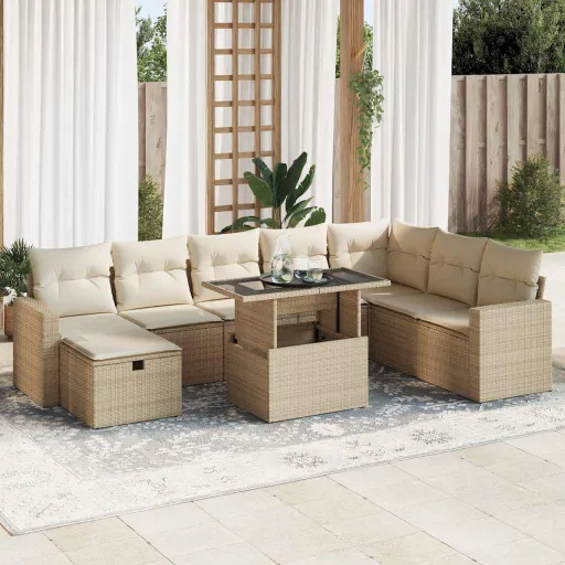 Conjunto de Sofás p/ Jardim com Almofadões Vime PE Bege (9 pcs)