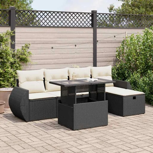 Conjunto Sofás de Jardim c/ Almofadões Vime PE Preto (6 pcs)
