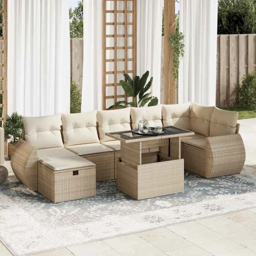 Conjunto de Sofás p/ Jardim com Almofadões Vime PE Bege (8 pcs)