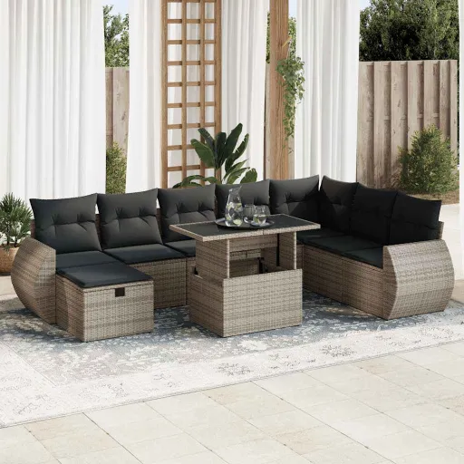Conjunto Sofás p/ Jardim com Almofadões Vime PE Cinzento (9 pcs)