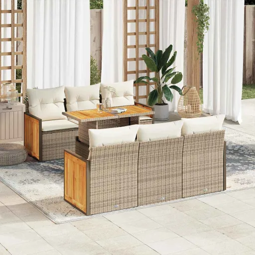 Conjunto Sofás Jardim com Almofadões Vime PE/Acácia Bege (7 pcs)
