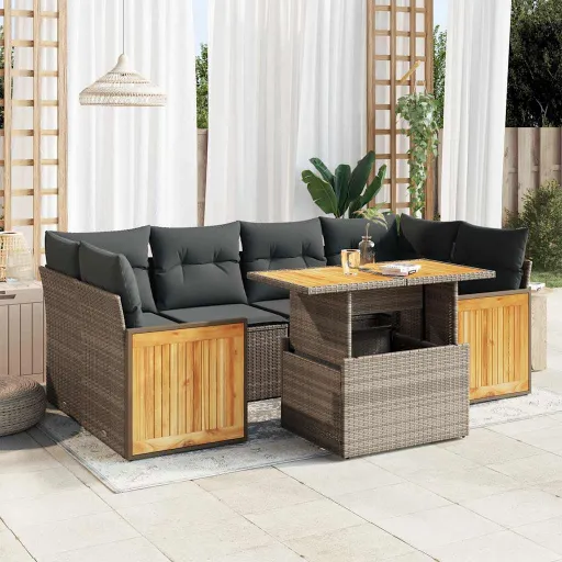 Conjunto Sofás Jardim Almofadões Vime PE/Acácia Cinzento (7 pcs)