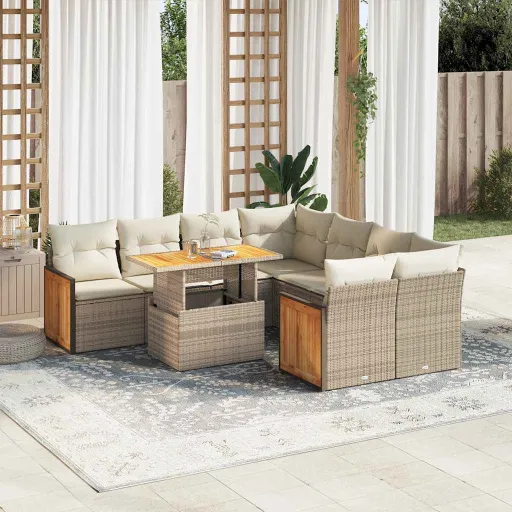 Conjunto Sofás Jardim com Almofadões Vime PE/Acácia Bege (9 pcs)