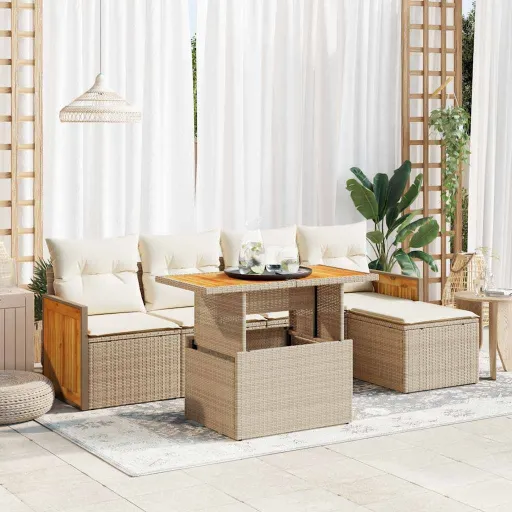 Conjunto Sofás Jardim com Almofadões Vime PE/Acácia Bege (6 pcs)