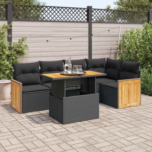 Conjunto Sofás Jardim c/ Almofadões Vime PE/Acácia Preto (6 pcs)