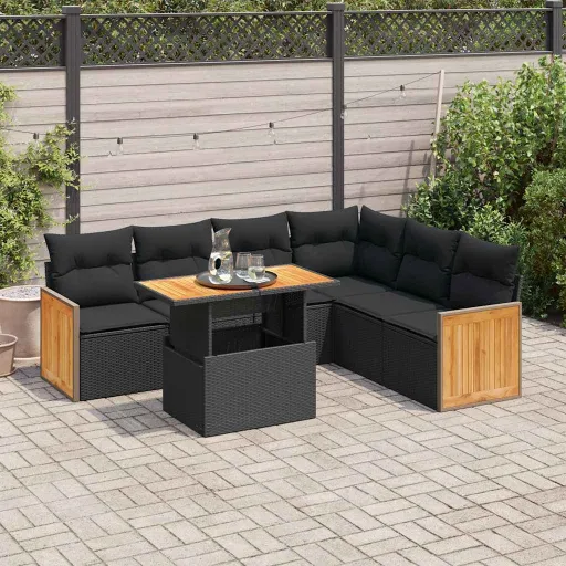 Conjunto Sofás Jardim c/ Almofadões Vime PE/Acácia Preto (7 pcs)