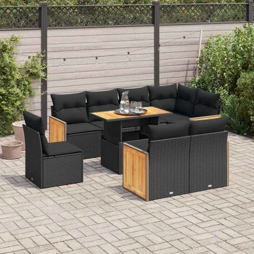 Conjunto Sofás p/ Jardim Almofadões Vime PE/Acácia Preto (9 pcs)