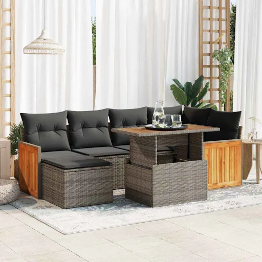 Conjunto Sofás Jardim Almofadões Vime PE/Acácia Cinzento (7 pcs)