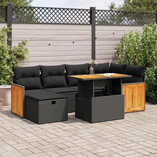 Conjunto Sofás de Jardim com Almofadões Vime PE Preto (8 pcs)