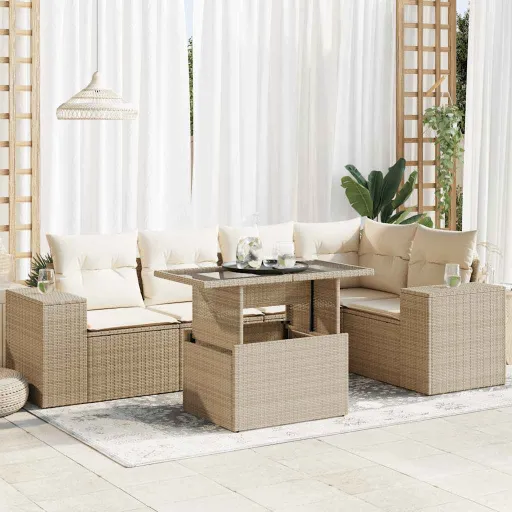 Conjunto de Sofás p/ Jardim com Almofadões Vime PE Bege (6 pcs)